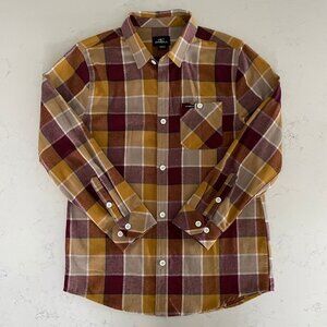 O'Neill Button Down LS 100% Cotton Check Shirt Burgundy Wht Tan Gold Sz S/M NWT